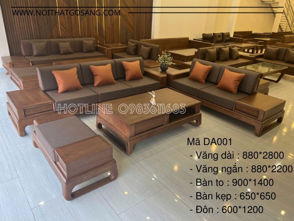 Bàn ghế salon gỗ tự nhiên Sồi sơn PU màu óc chó, đệm mút nhật bọc da, nỉ cao cấp