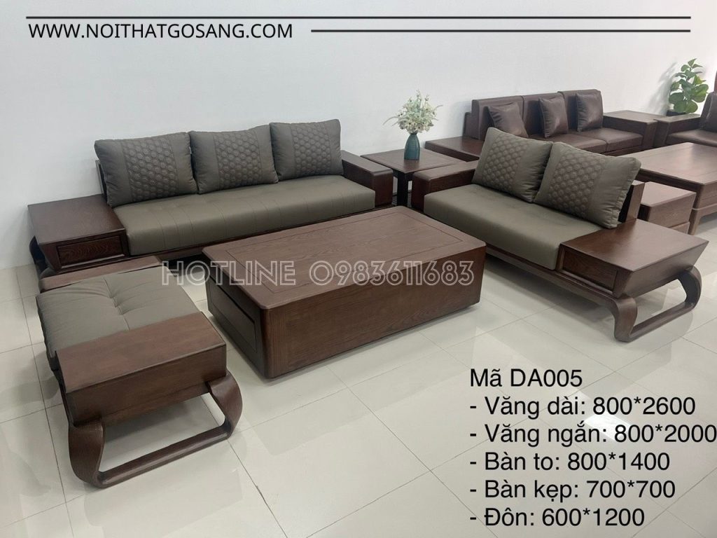 Bàn ghế salon gỗ tự nhiên Sồi sơn PU màu óc chó, đệm mút nhật bọc da, nỉ cao cấp