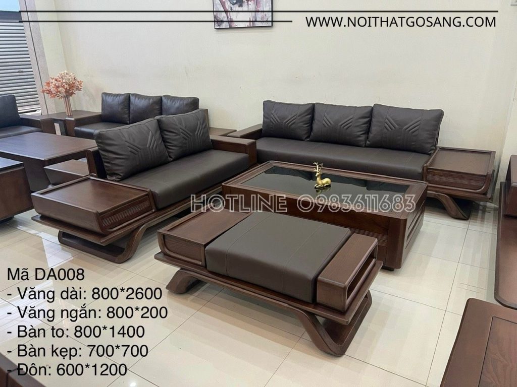 Bàn ghế salon gỗ tự nhiên Sồi sơn PU màu óc chó, đệm mút nhật bọc da, nỉ cao cấp